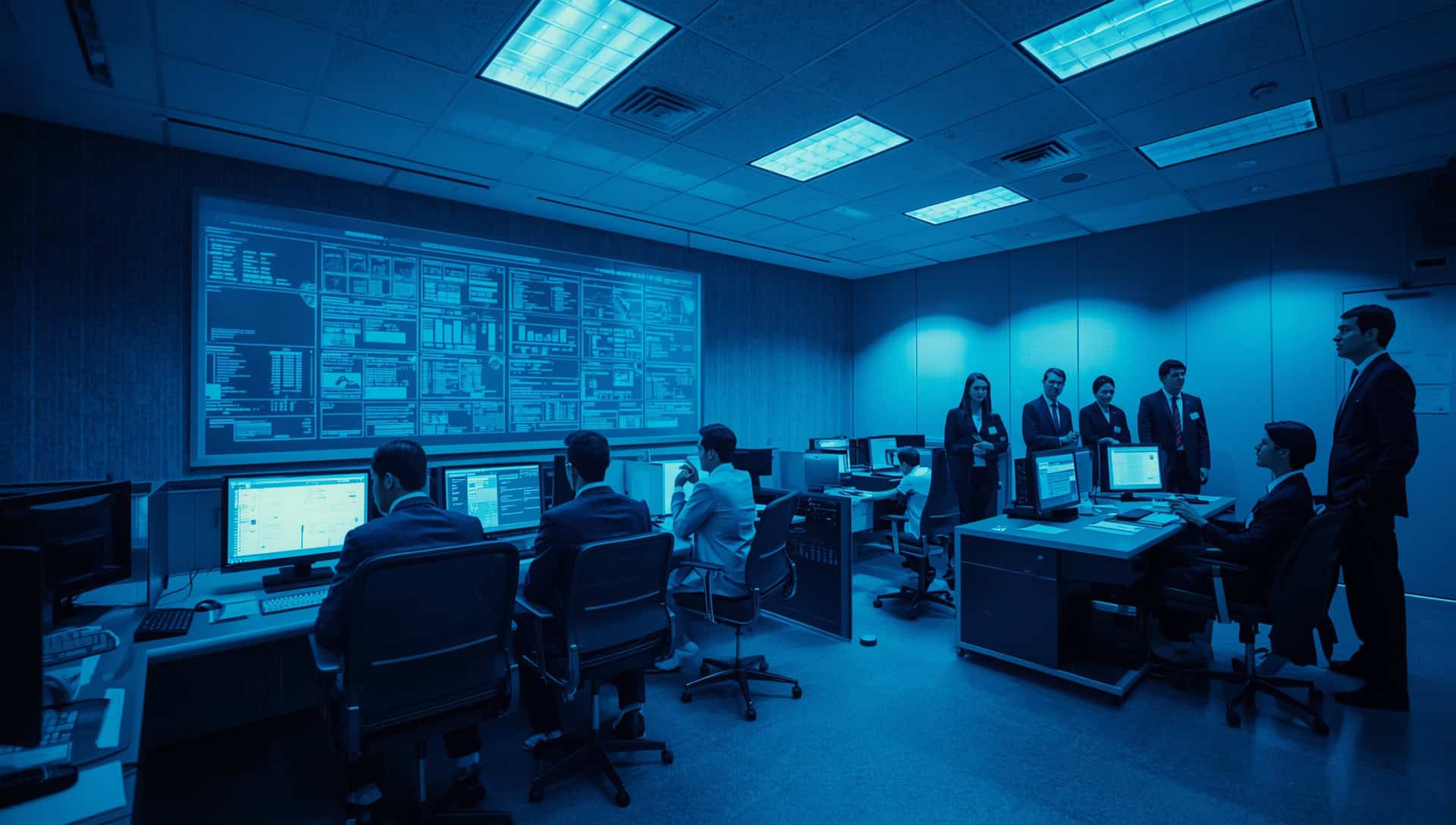 A realistic photo of business professionals in a meeting, collaborating and discussing cooperative governance and long-term stability for alarm dealers.