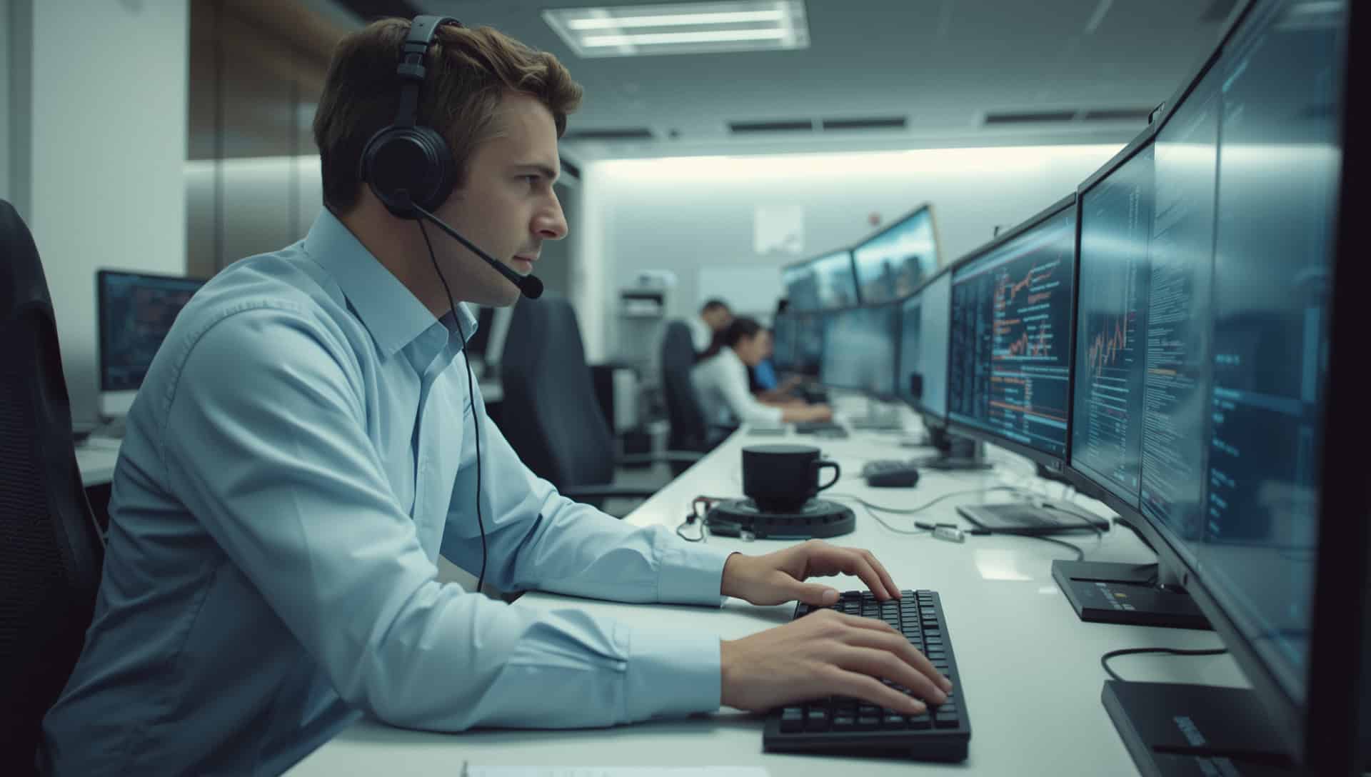 Live alarm monitoring professional handling security alerts in a modern control room, highlighting human-led response over automated alarm systems