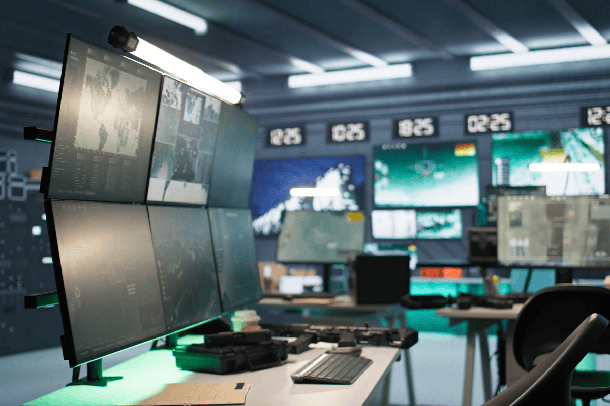Control room with multiple wall-mounted monitors showing maps and dashboards under neon lighting.
